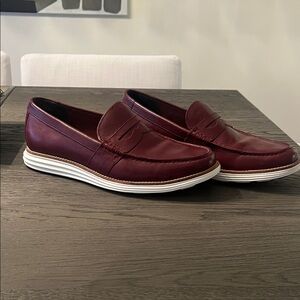 Cole Haan Men's Burgundy Leather Penny Loafers with White Sole